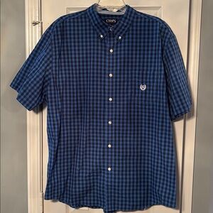 Chaps Easy Care Short Sleeve Button Down Light & Dark Blue Checked Shirt